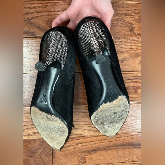 PRADA - Glossy Black Buckle Pointed Toe Pony Hair Low Heel Pumps Sz 41 US 11 - Picture 9 of 12